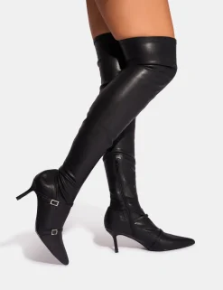 Cheap Roulette Pointed Toe Diamante Buckle Mid Heel Over The Knee Sock Boots Mid Heels | Mid Heels