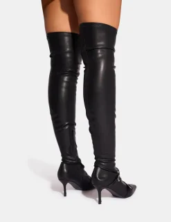 Cheap Roulette Pointed Toe Diamante Buckle Mid Heel Over The Knee Sock Boots Mid Heels | Mid Heels