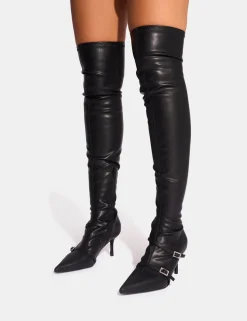 Cheap Roulette Pointed Toe Diamante Buckle Mid Heel Over The Knee Sock Boots Mid Heels | Mid Heels