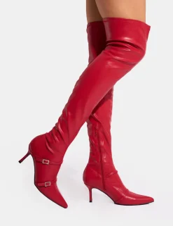 Fashion Roulette Pointed Toe Diamante Buckle Mid Heel Over The Knee Sock Boots Mid Heels | Mid Heels