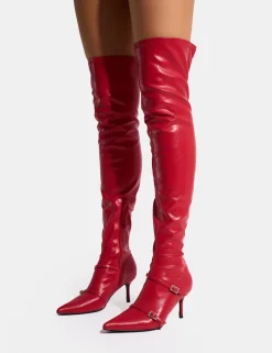 Fashion Roulette Pointed Toe Diamante Buckle Mid Heel Over The Knee Sock Boots Mid Heels | Mid Heels
