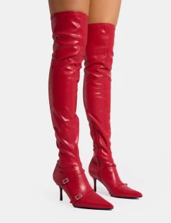 Fashion Roulette Pointed Toe Diamante Buckle Mid Heel Over The Knee Sock Boots Mid Heels | Mid Heels