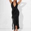 New Ruffle Detail Deep Plunge Maxi Dress in Dresses