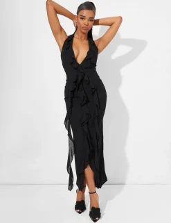 New Ruffle Detail Deep Plunge Maxi Dress in Dresses