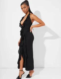 New Ruffle Detail Deep Plunge Maxi Dress in Dresses