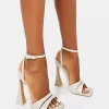 Best Saintly Ecru Croc Wrap Around the Ankle Barley There Square Toe Flared Block High Heels Barely There Heels | Block Heels