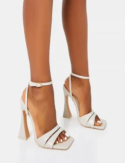 Best Saintly Ecru Croc Wrap Around the Ankle Barley There Square Toe Flared Block High Heels Barely There Heels | Block Heels