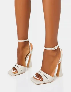 Best Saintly Ecru Croc Wrap Around the Ankle Barley There Square Toe Flared Block High Heels Barely There Heels | Block Heels