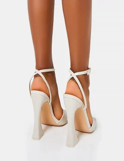 Best Saintly Ecru Croc Wrap Around the Ankle Barley There Square Toe Flared Block High Heels Barely There Heels | Block Heels