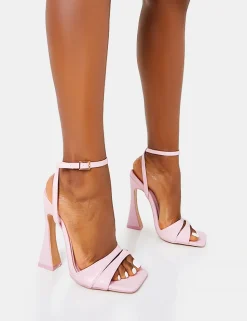 Fashion Saintly Wide Fit Baby Pink Pu Wrap Around the Ankle Barley There Square Toe Flared Block High Heels Wide Fit Heels | Wide Fit Heels