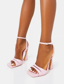 Fashion Saintly Wide Fit Baby Pink Pu Wrap Around the Ankle Barley There Square Toe Flared Block High Heels Wide Fit Heels | Wide Fit Heels