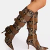 Outlet Samurai Snake Multi Buckle Pointed Toe Boots Heeled Boots