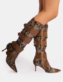 Outlet Samurai Snake Multi Buckle Pointed Toe Boots Heeled Boots