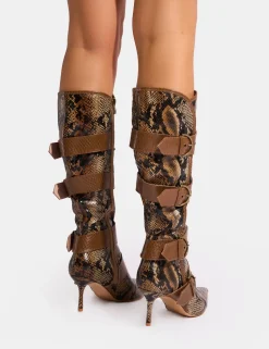 Outlet Samurai Snake Multi Buckle Pointed Toe Boots Heeled Boots