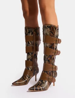Outlet Samurai Snake Multi Buckle Pointed Toe Boots Heeled Boots