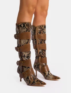 Outlet Samurai Snake Multi Buckle Pointed Toe Boots Heeled Boots