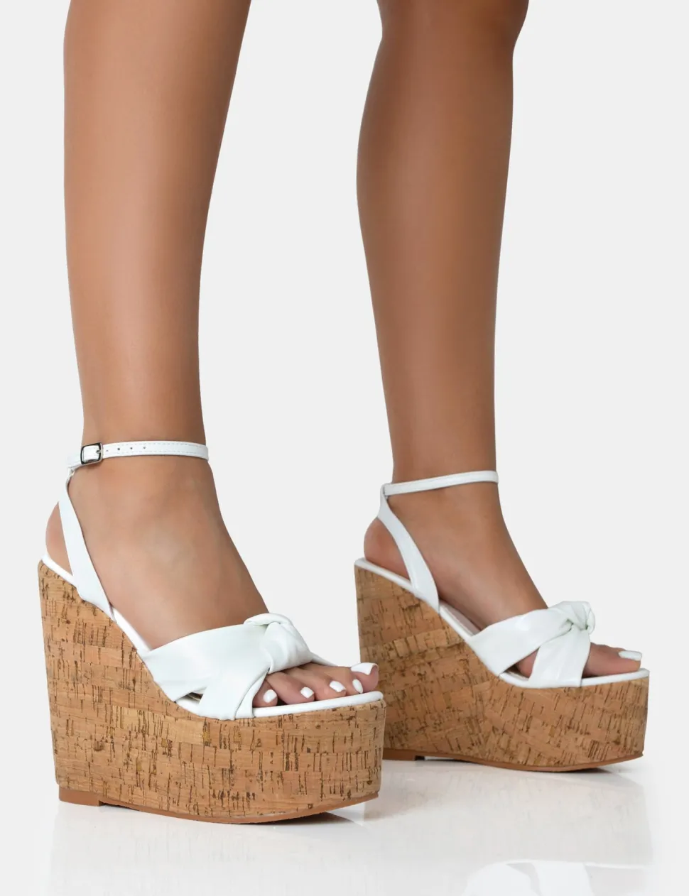 Store Sandy PU Knot Strap Round Toe Cork Wedge Heels Wedges | Block Heels