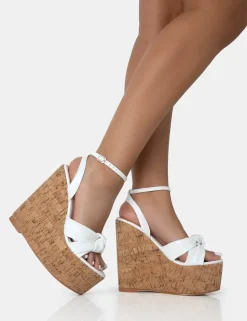 Store Sandy PU Knot Strap Round Toe Cork Wedge Heels Wedges | Block Heels