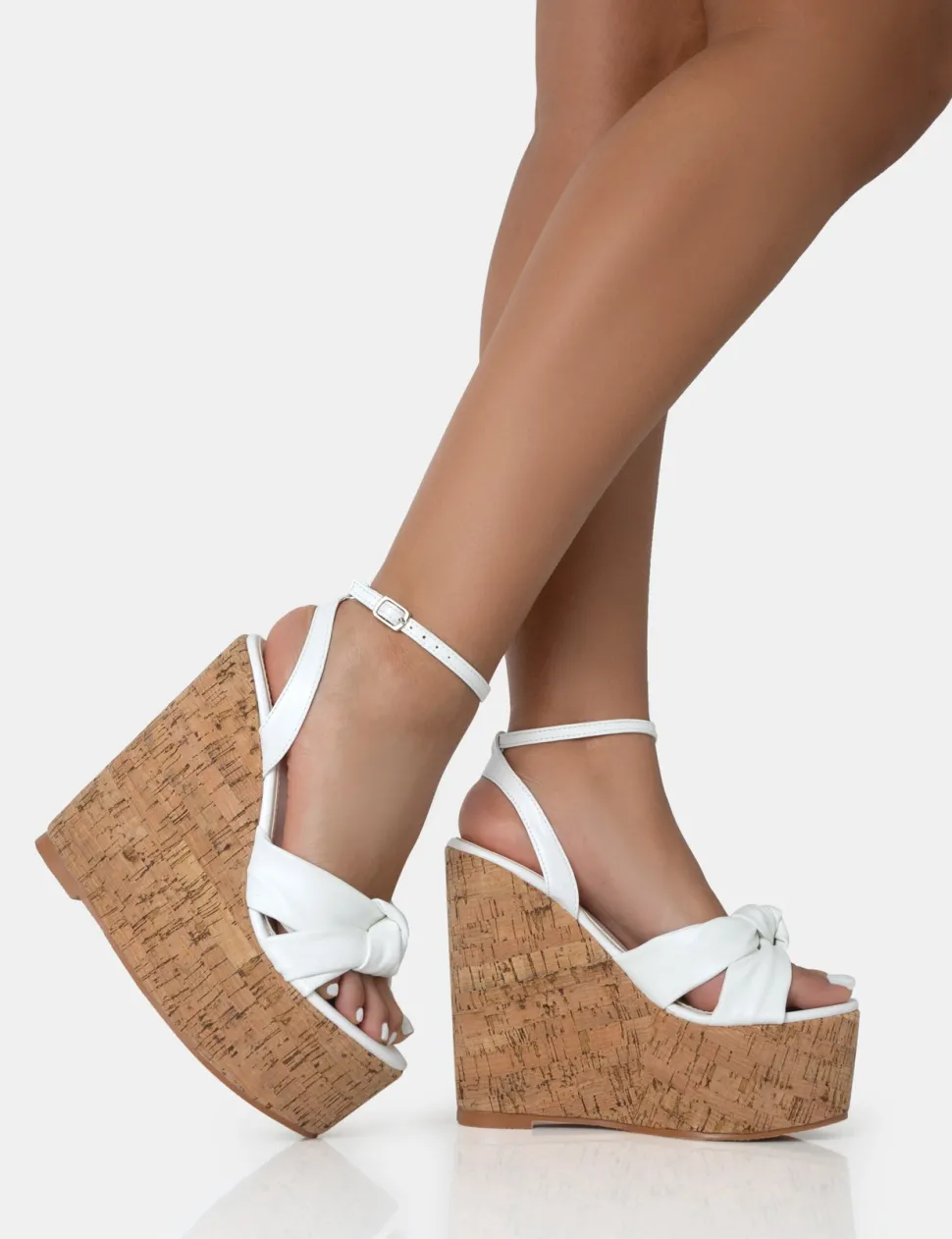 Store Sandy PU Knot Strap Round Toe Cork Wedge Heels Wedges | Block Heels