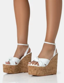 Store Sandy PU Knot Strap Round Toe Cork Wedge Heels Wedges | Block Heels