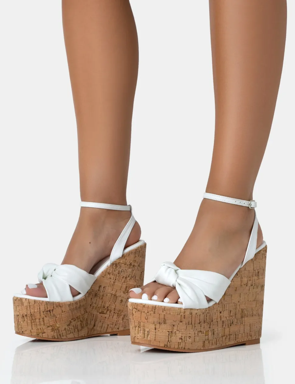 Store Sandy PU Knot Strap Round Toe Cork Wedge Heels Wedges | Block Heels