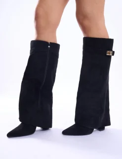 New Say Yes Faux Suede Padlock Fold Over Knee High Boots Knee High Boots | Long Boots