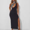 Hot Scarf Detail Cut Out Side Split Maxi Dress Black Metallic Dresses