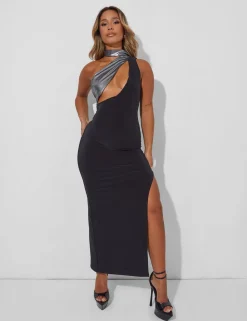 Hot Scarf Detail Cut Out Side Split Maxi Dress Black Metallic Dresses