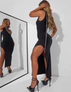 Hot Scarf Detail Cut Out Side Split Maxi Dress Black Metallic Dresses