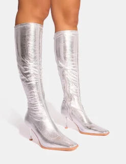 Sale Scorpion Cracked Mid Heel Sock Knee High Boots Mid Heels | Mid Heels