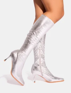 Sale Scorpion Cracked Mid Heel Sock Knee High Boots Mid Heels | Mid Heels