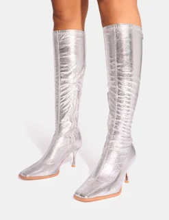 Sale Scorpion Cracked Mid Heel Sock Knee High Boots Mid Heels | Mid Heels