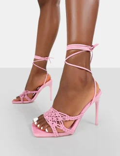 Flash Sale Seabreeze Rope Woven Lace Up Square Toe Heels Pink Heels | Square Toe Heels