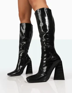 Cheap Senna Patent Croc Knee High Block Heel Boots Block Heels | Heeled Boots
