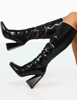 Cheap Senna Patent Croc Knee High Block Heel Boots Block Heels | Heeled Boots