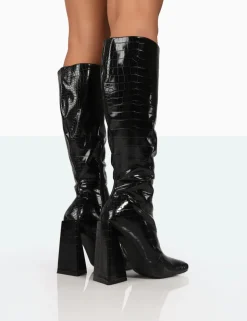 Cheap Senna Patent Croc Knee High Block Heel Boots Block Heels | Heeled Boots