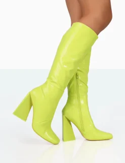 New Senna Lime Pu Knee High Block Heel Boots Block Heels | Heeled Boots