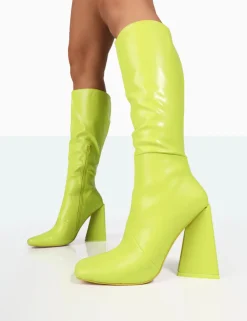 New Senna Lime Pu Knee High Block Heel Boots Block Heels | Heeled Boots
