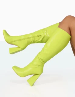 New Senna Lime Pu Knee High Block Heel Boots Block Heels | Heeled Boots