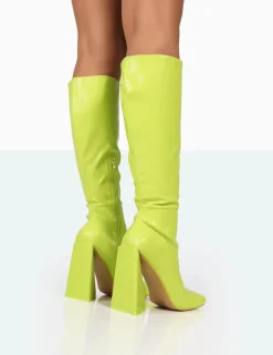 New Senna Lime Pu Knee High Block Heel Boots Block Heels | Heeled Boots