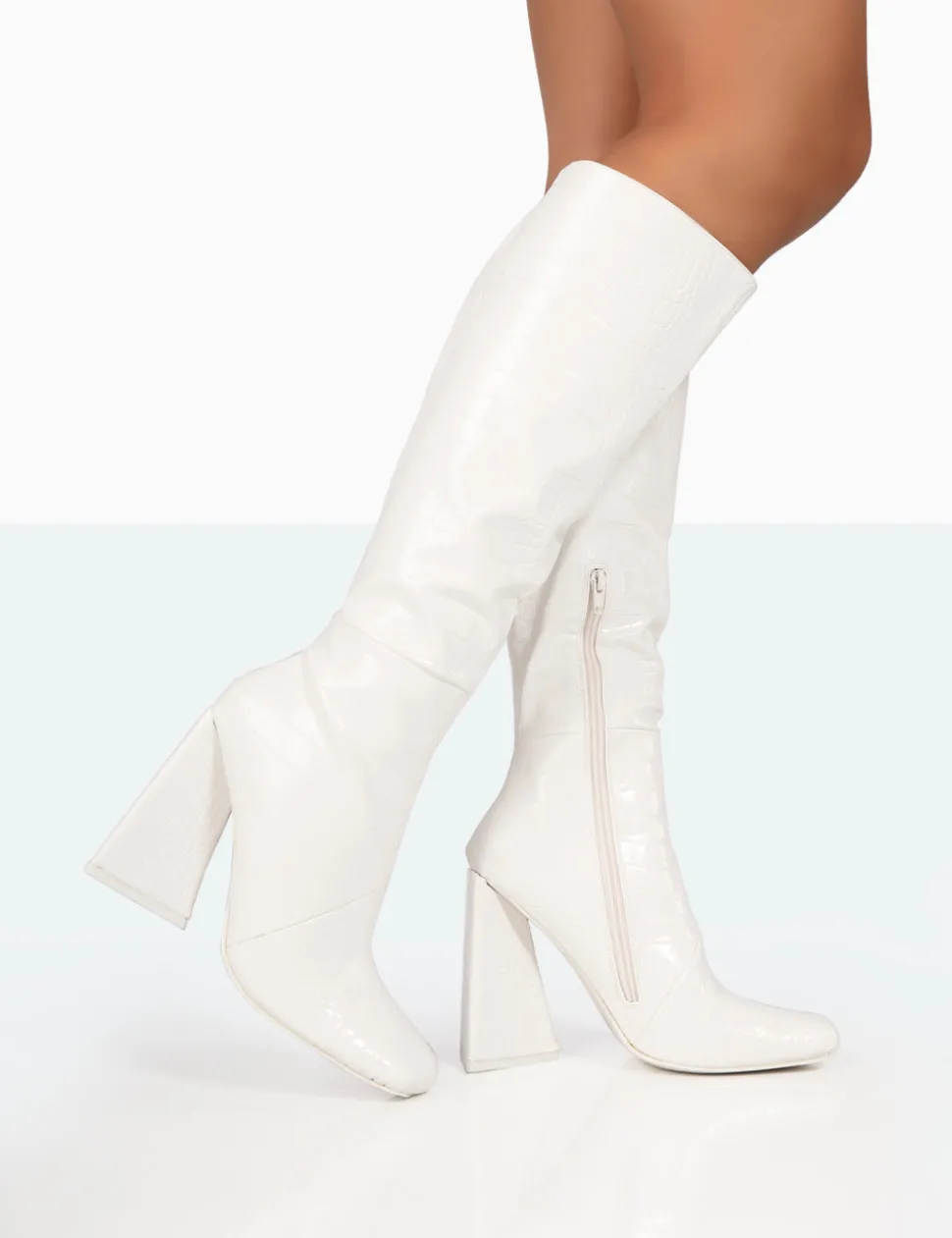 Discount Senna Croc Pu Knee High Block Heel Boots Block Heels | Heeled Boots