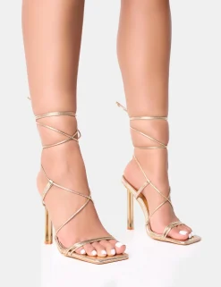 Shop Seren Strappy Square Toe Star Stiletto Heel Gold Heels | Square Toe Heels