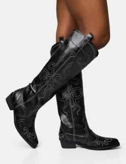 Clearance Serpentine Snake Embroidered Flat Knee High Western Boots Western Boots | Ankle Boots