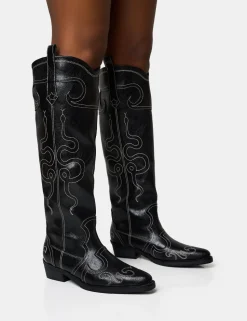 Clearance Serpentine Snake Embroidered Flat Knee High Western Boots Western Boots | Ankle Boots