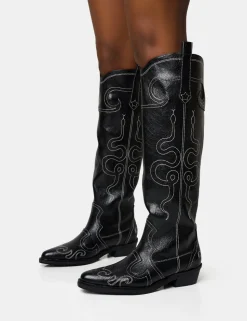 Clearance Serpentine Snake Embroidered Flat Knee High Western Boots Western Boots | Ankle Boots