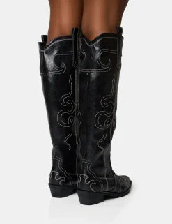Clearance Serpentine Snake Embroidered Flat Knee High Western Boots Western Boots | Ankle Boots