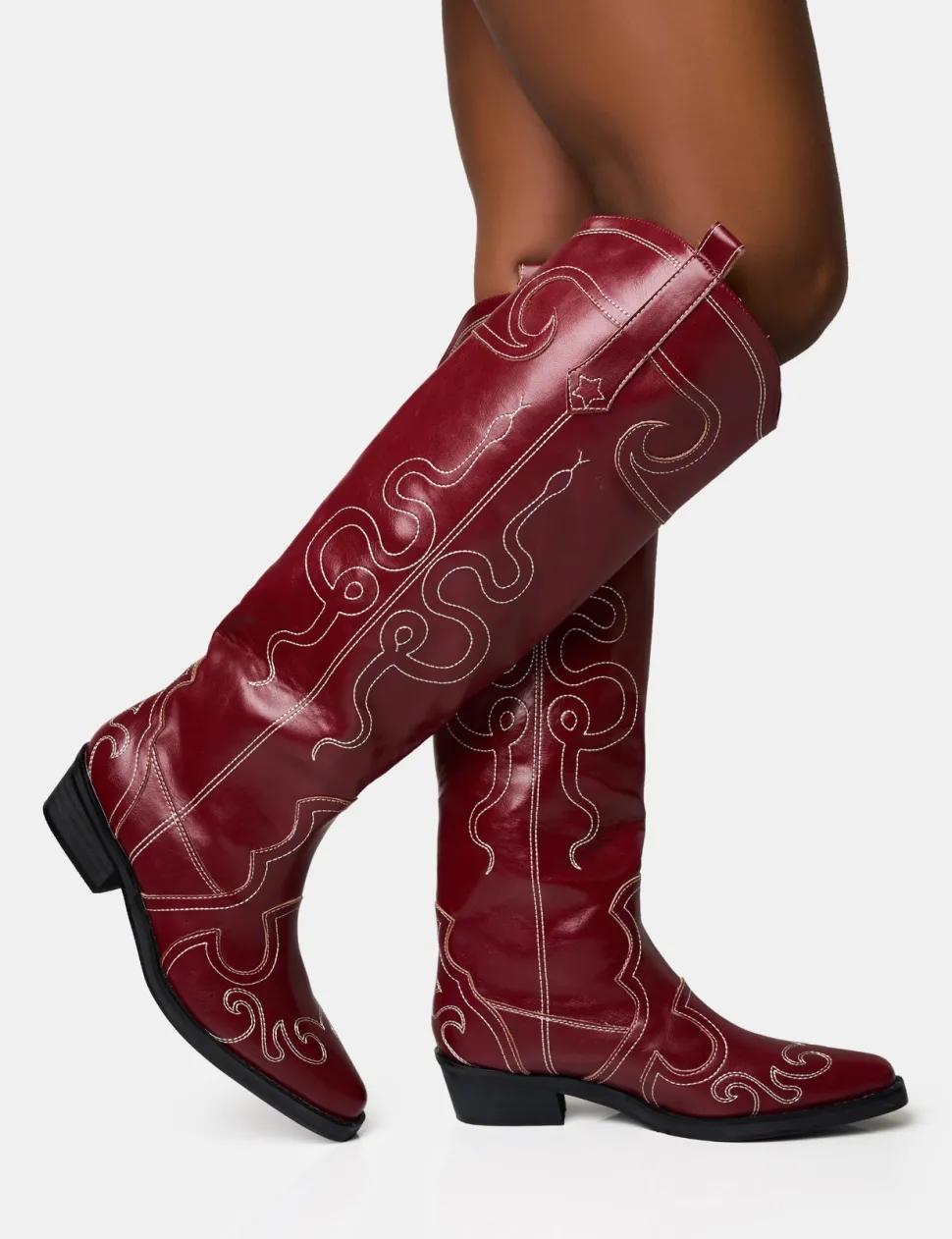 Cheap Serpentine Burgundy Wide Fit Snake Flat Knee High Western Boots Wide Fit Boots | Wide Fit Boots