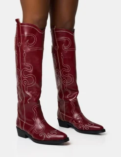 Cheap Serpentine Burgundy Wide Fit Snake Flat Knee High Western Boots Wide Fit Boots | Wide Fit Boots