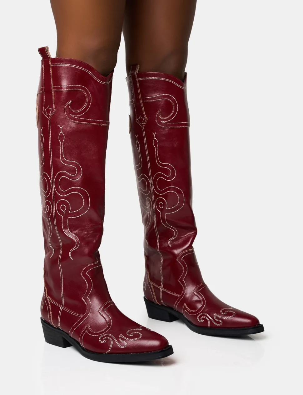 Cheap Serpentine Burgundy Wide Fit Snake Flat Knee High Western Boots Wide Fit Boots | Wide Fit Boots