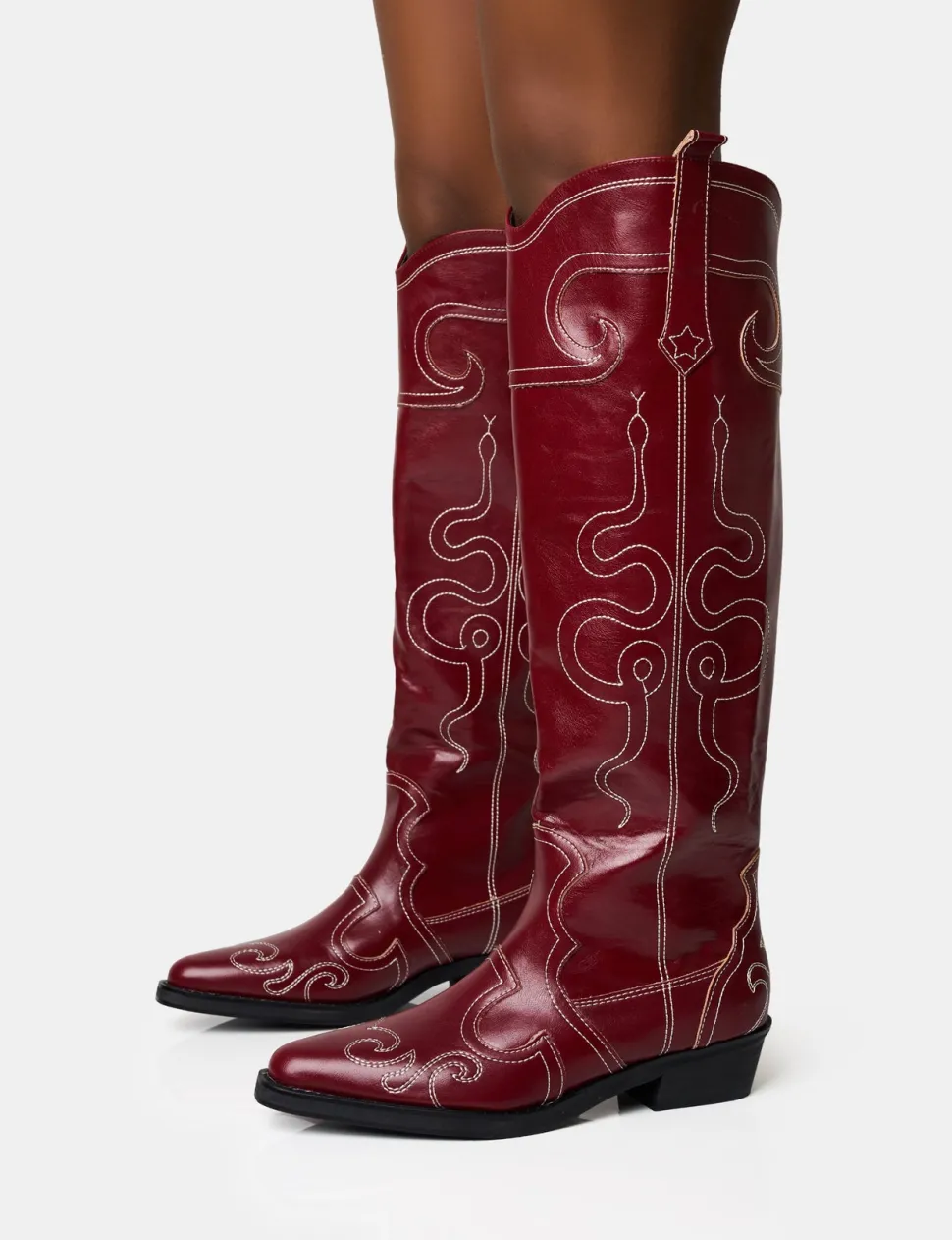 Cheap Serpentine Burgundy Wide Fit Snake Flat Knee High Western Boots Wide Fit Boots | Wide Fit Boots